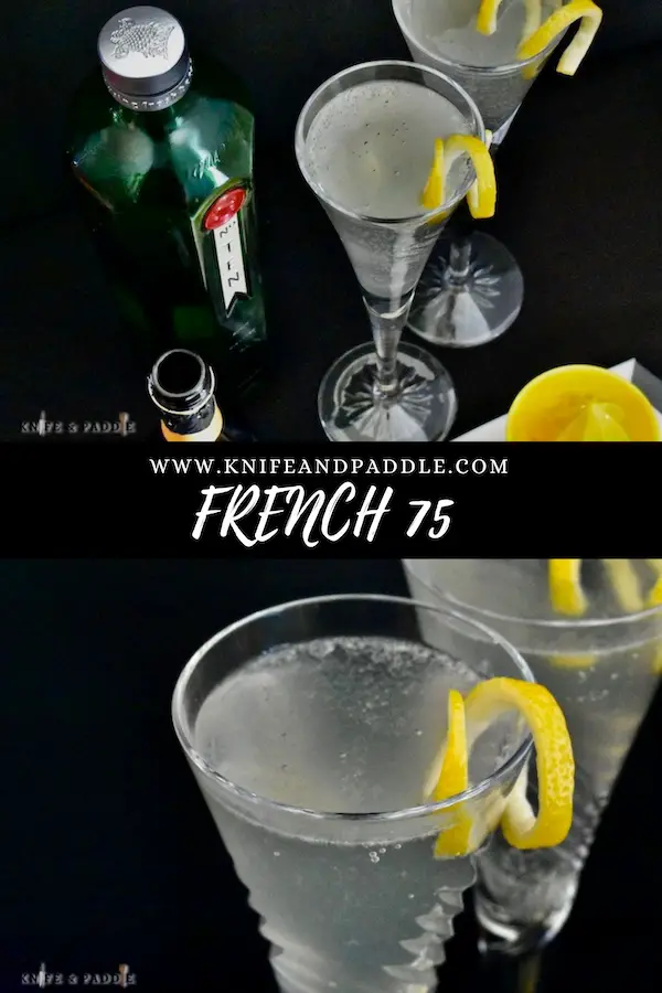 Gin, Prosecco, Lemon Juice and Simple syrup in a Champagne glass with a lemon twist