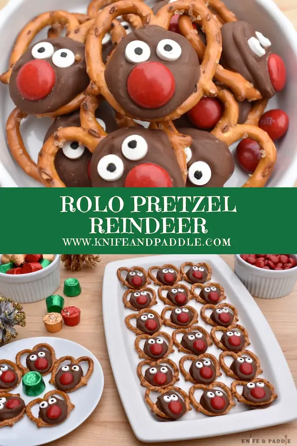 Rolo Pretzel Reindeer in a bowl and on plates