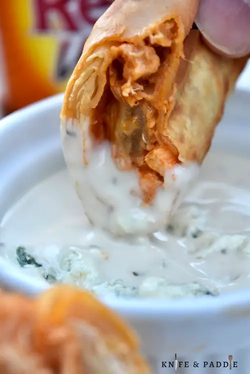 Buffalo Chicken Egg Roll dipped in blue cheese dressing