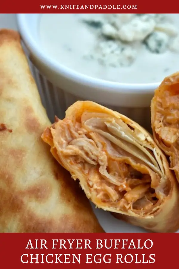 Air Fryer Buffalo Chicken Egg Roll with a side of blue cheese dressing