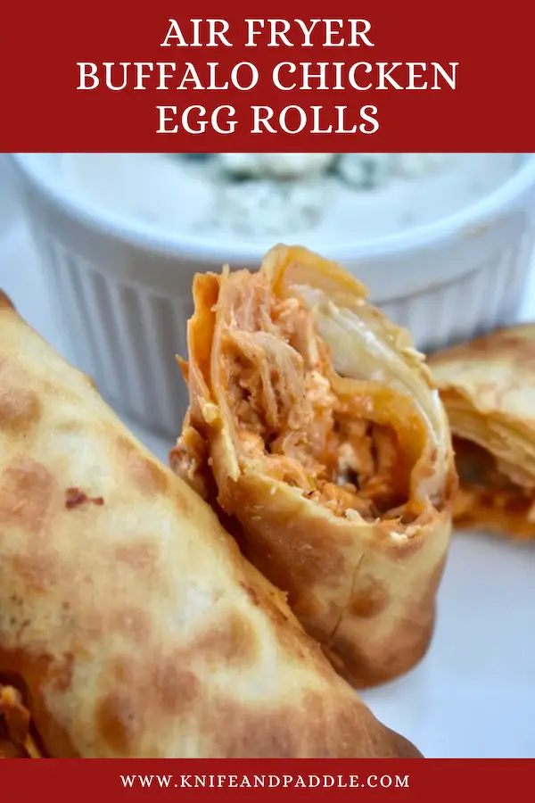 Air Fryer Buffalo Chicken Egg Roll with a side of blue cheese dressing