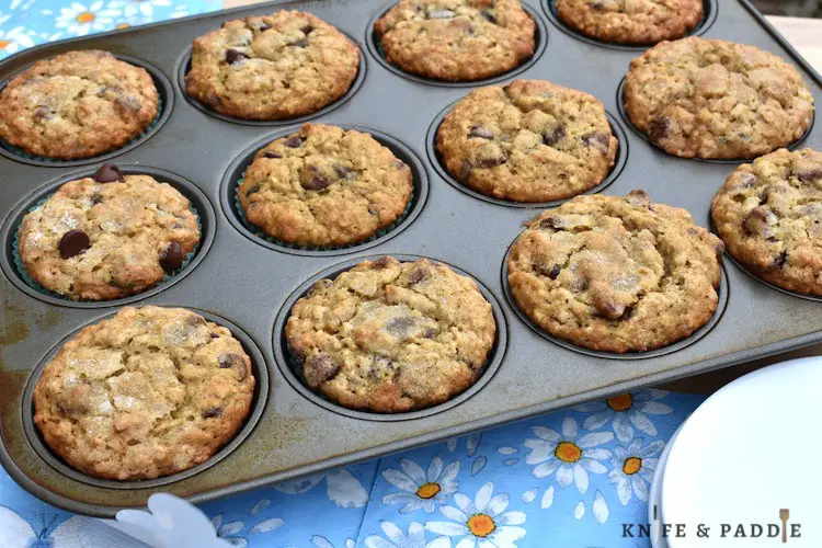 Chocolate Chip Oatmeal Banana Muffins in a muffin pan