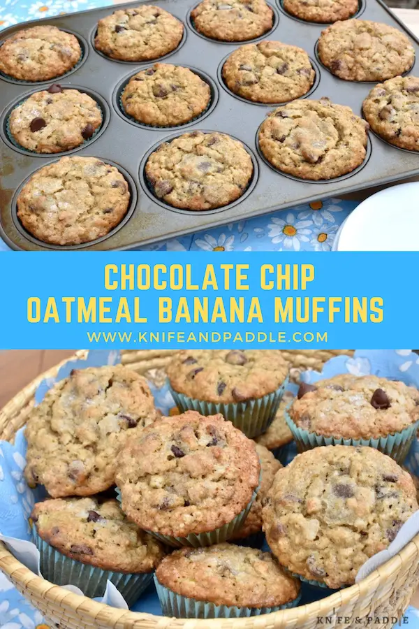 Chocolate Chip Oatmeal Banana Muffins in a pan and in a basket