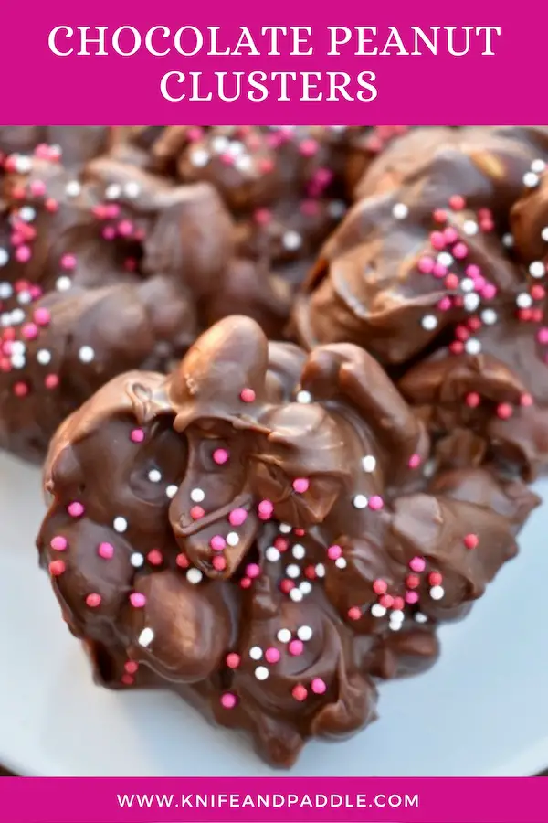 Crockpot candy on a plate with red, white and pink nonpareils 