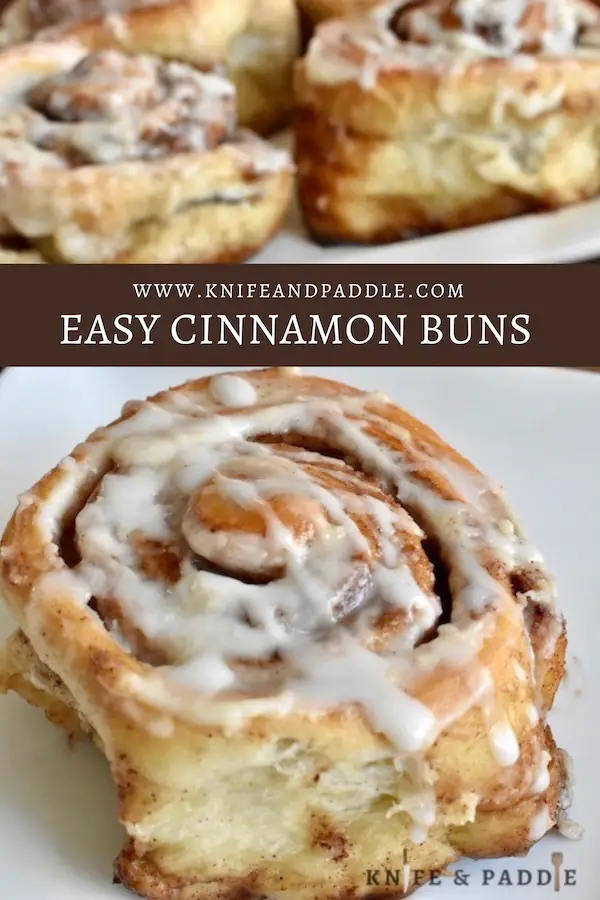 Easy Cinnamon Buns frosted with vanilla icing on plates
