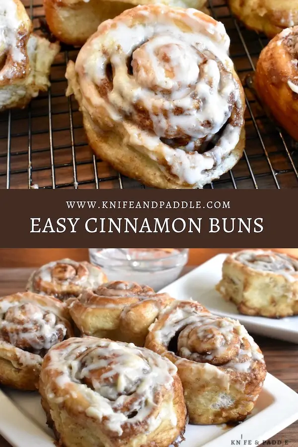 Easy Cinnamon Buns frosted with vanilla icing on a wire rack and on plates