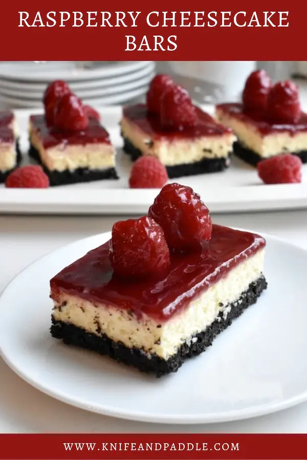 Oreo crust, light, creamy lemon filling, topped with jam served on plates