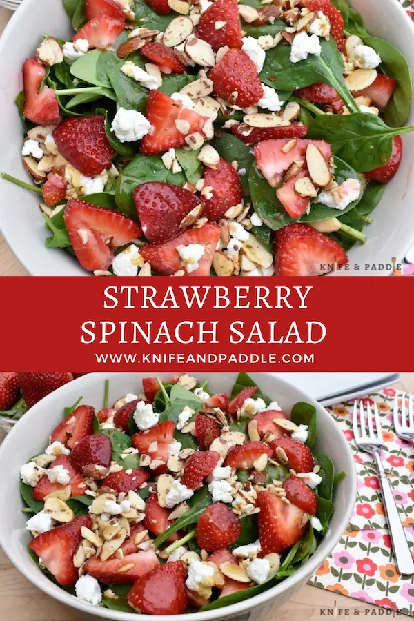 Strawberry Spinach Salad in a bowl with goat cheese crumbles and honey roasted sliced almonds drizzled with homemade balsamic dressing 