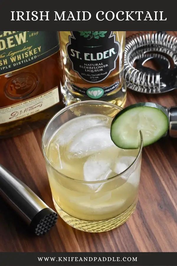 Irish Whiskey, Elderflower liqueur, cucumber, fresh squeezed lemon juice, and simple syrup shaken and strained into an ice filled glass