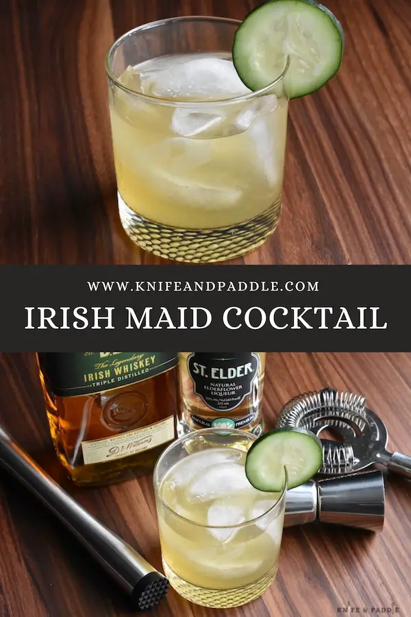 Irish Maid Cocktail in a lowball glass filled with ice and garnished with a cucumber slice