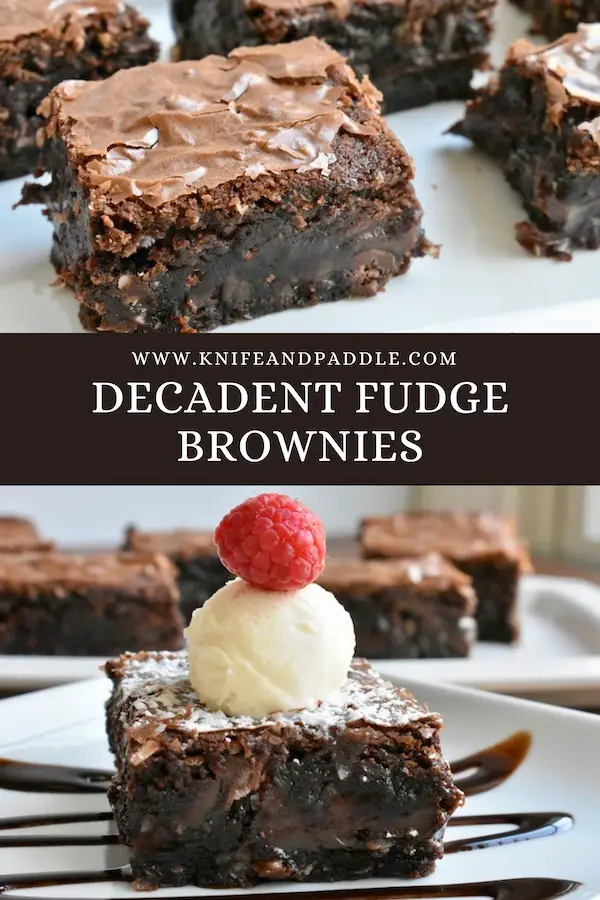 Decadent Fudge Brownies cut into a squares on a plate
