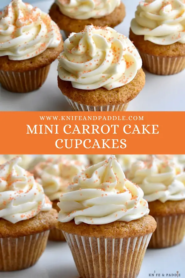 Mini Carrot Cake Cupcakes with cream cheese frosting and orange coarse sparkling sugar