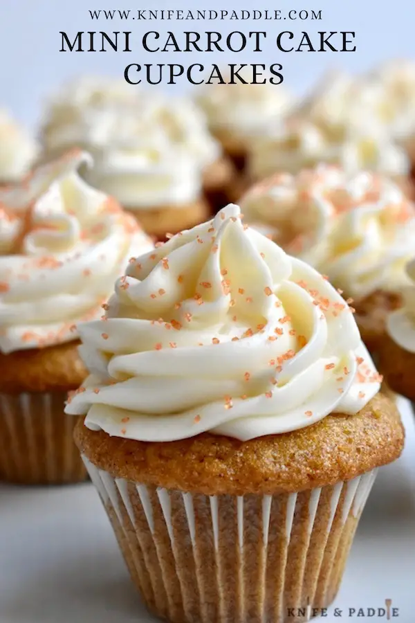 Mini Carrot Cake Cupcakes with cream cheese frosting and orange coarse sparkling sugar