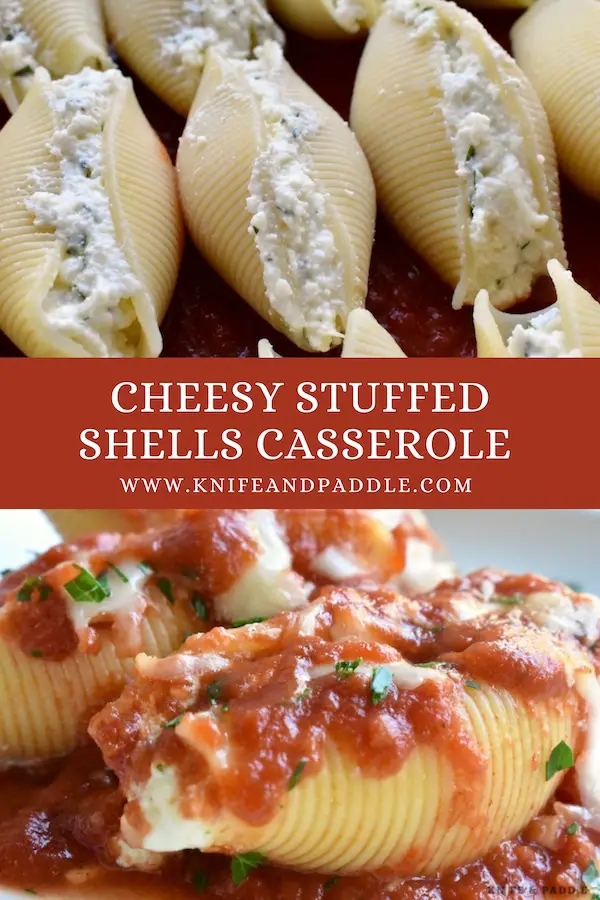 Cheesy stuffed shells with sauce topped off with fresh mozzarella cheese and parsley