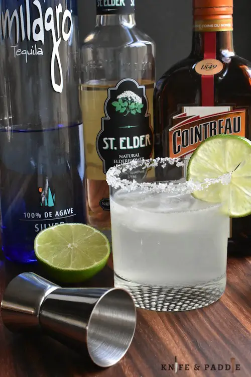 Milagro tequila, St. Elder, Cointreau, lime juice and simple syrup shaken and strained in an ice filled glass