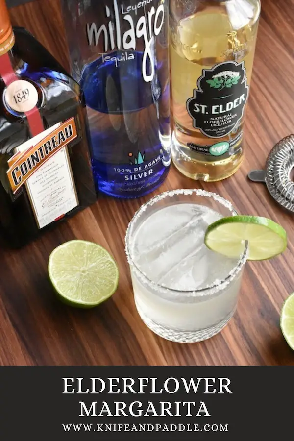 Milagro tequila, St. Elder, Cointreau, lime juice and simple syrup shaken and strained in an ice filled glass and a lime slice