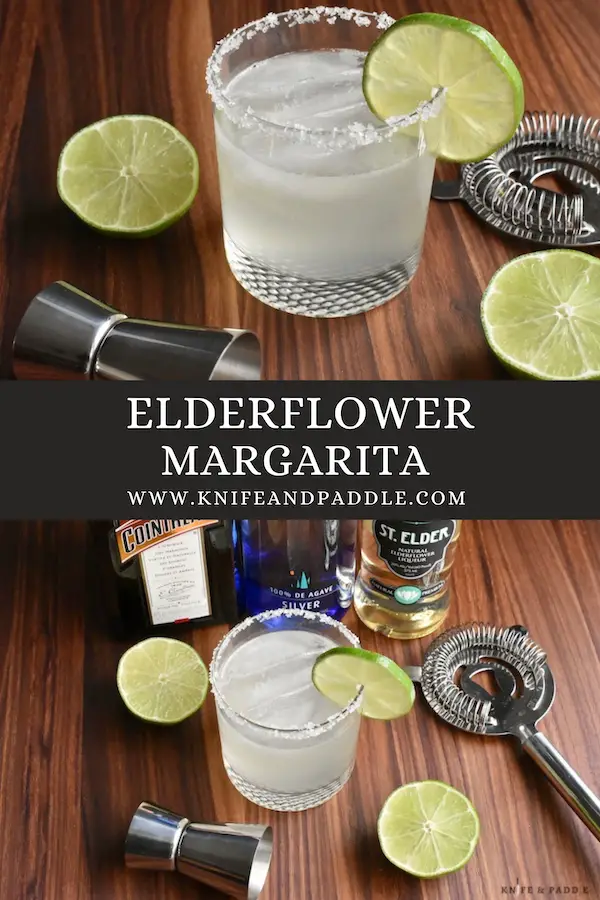 The Elderflower Margarita in a salted rimmed glass with a lime slice