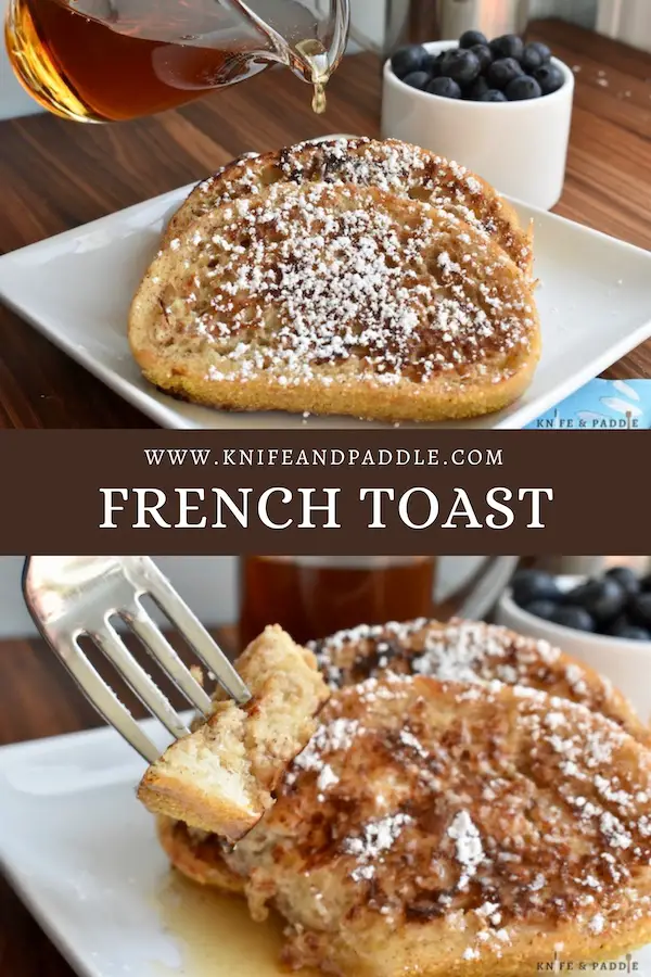 French Toast sprinkled with powdered sugar and drizzled with maple syrup served on a plate with a side of blueberries
