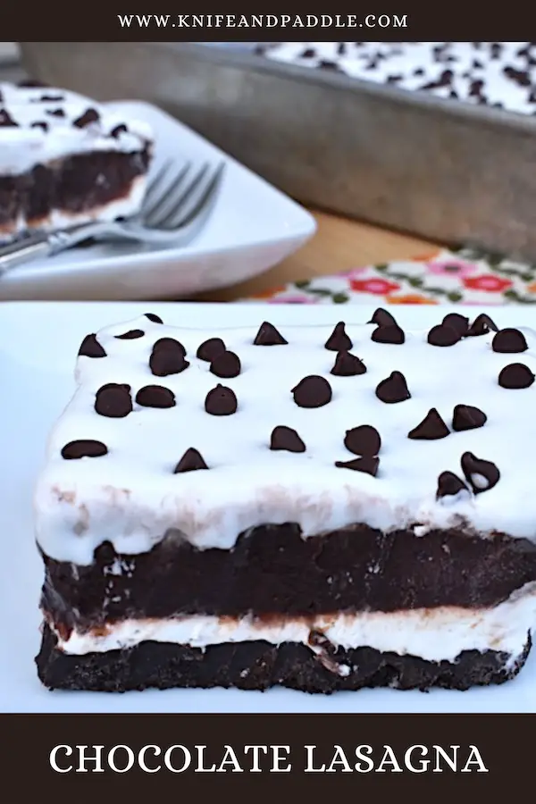 Heavenly Chocolate Lasagna with mini-chocolate chips sprinkled on the top served on a plate