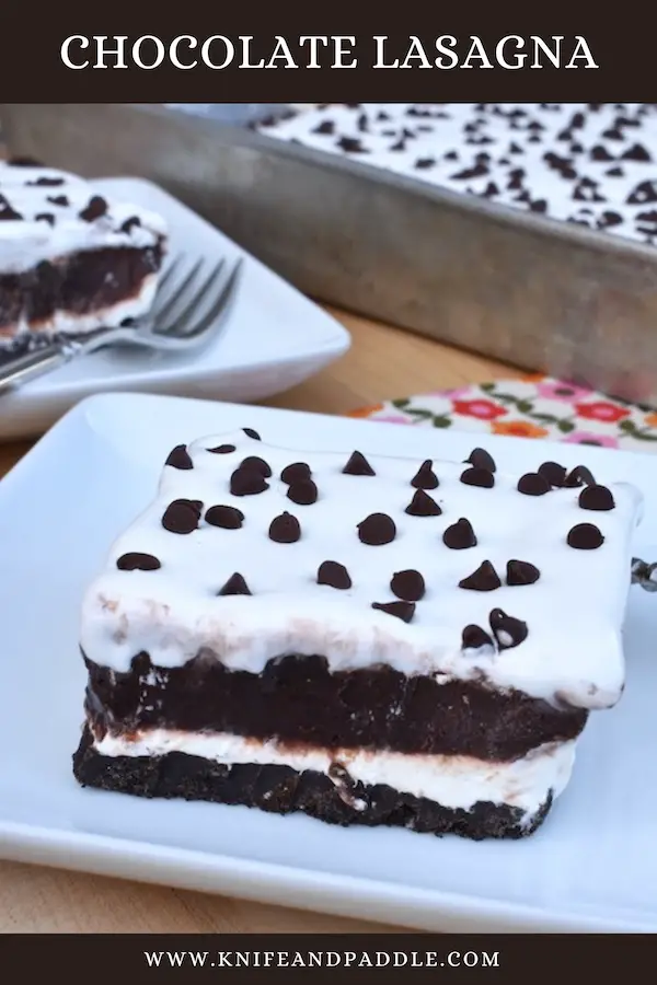 Heavenly Chocolate Lasagna with mini-chocolate chips sprinkled on the top served on a plate