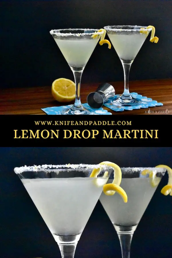 Lemon Drop Martinis served in a sugar and lemon zest rimmed martini glass garnished with a lemon twist