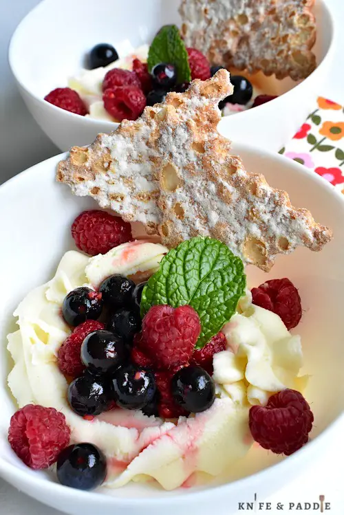 Mascarpone Berry Bowl with fresh raspberries and blueberries, topped with a sprig of mint and cannoli chips