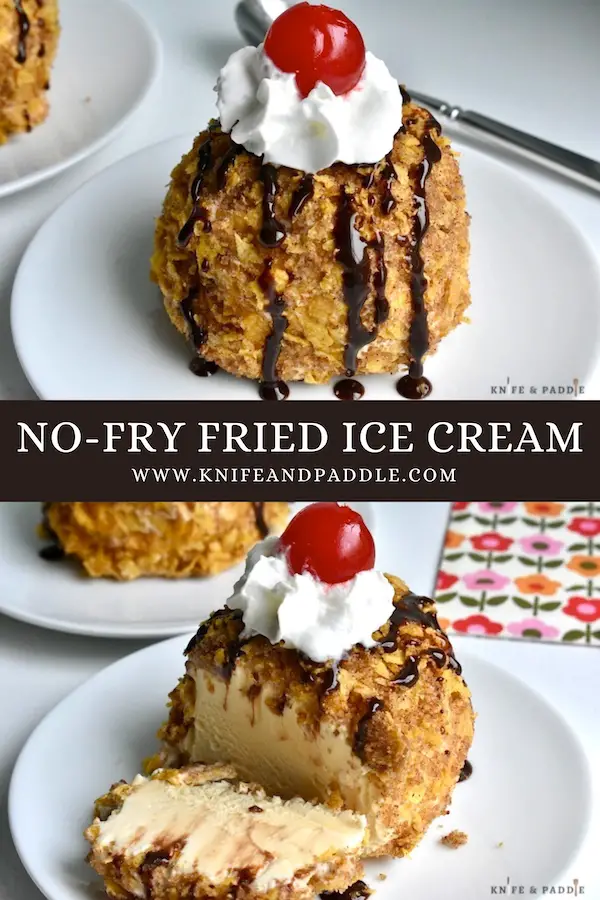 No-Fry Fried Ice Cream with chocolate drizzle, whipped cream and a maraschino cherry