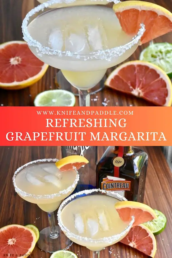 Refreshing Grapefruit Margarita with a grapefruit wedge and a salt rimmed glass