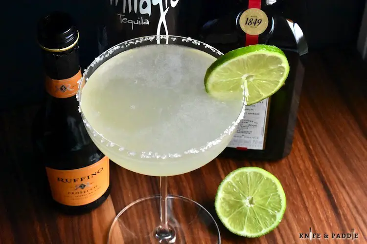 Tequila, Cointreau, lemon juice, simple syrup shaken in a cocktail shaker and poured into a coupe glass topped off with Prosecco