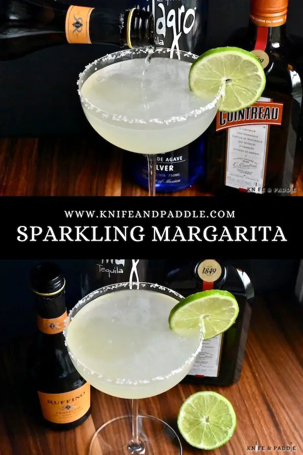 Sparkling Margarita in a coupe glass garnished with a lime slice