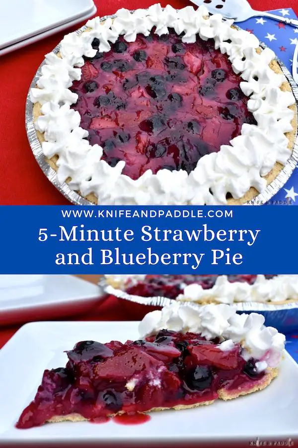 5-Minute Strawberry and Blueberry Pie sliced on a plate with whipped cream