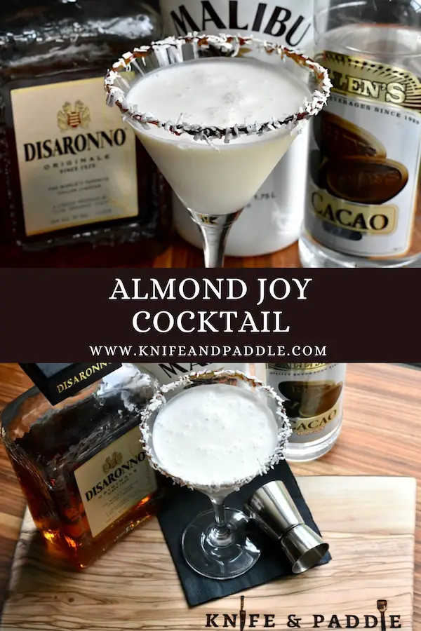 Almond Joy Cocktail in a martini glass rimmed with chocolate syrup and shredded coconut