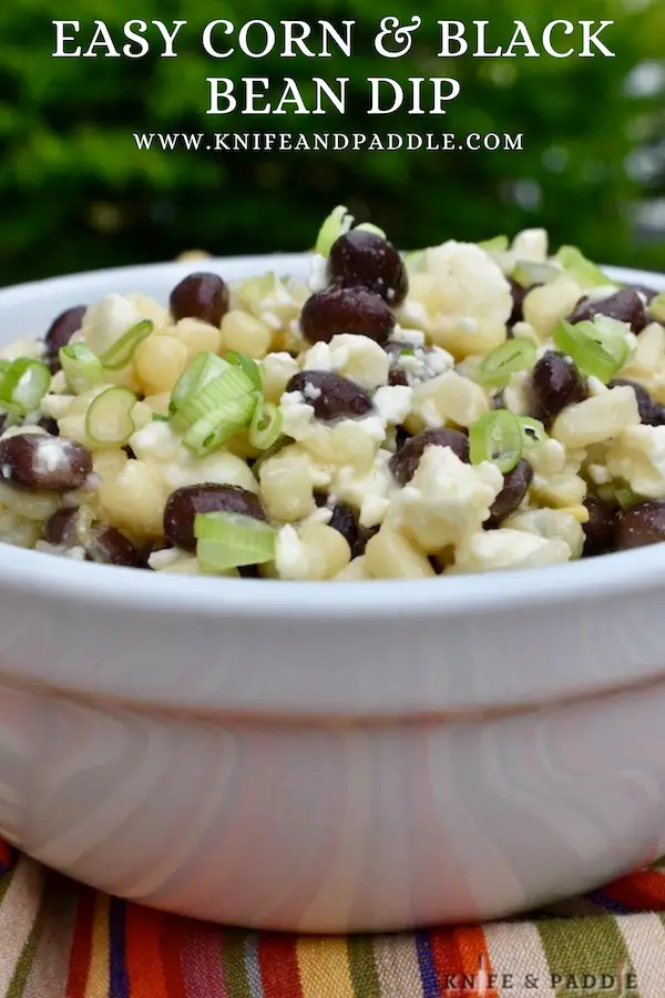 Fresh summer dip with black beans, corn, feta and scallions with a sweet dressing 