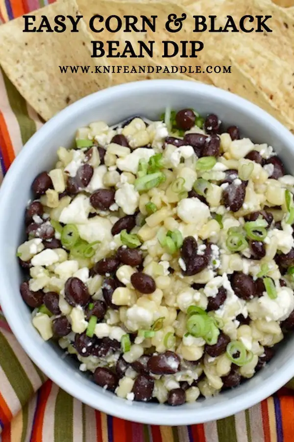 Easy corn and black bean salad served with tortilla chips