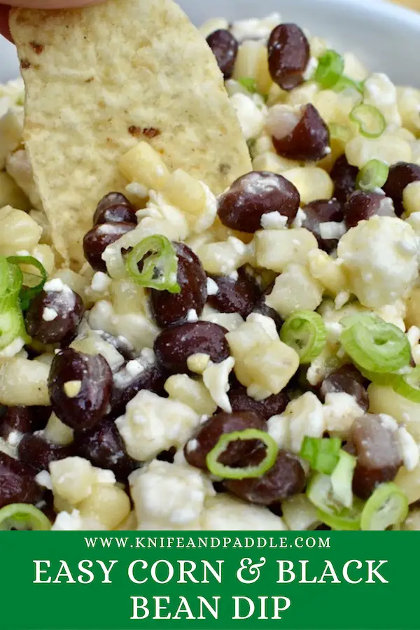 Easy corn and black bean salad served with tortilla chips