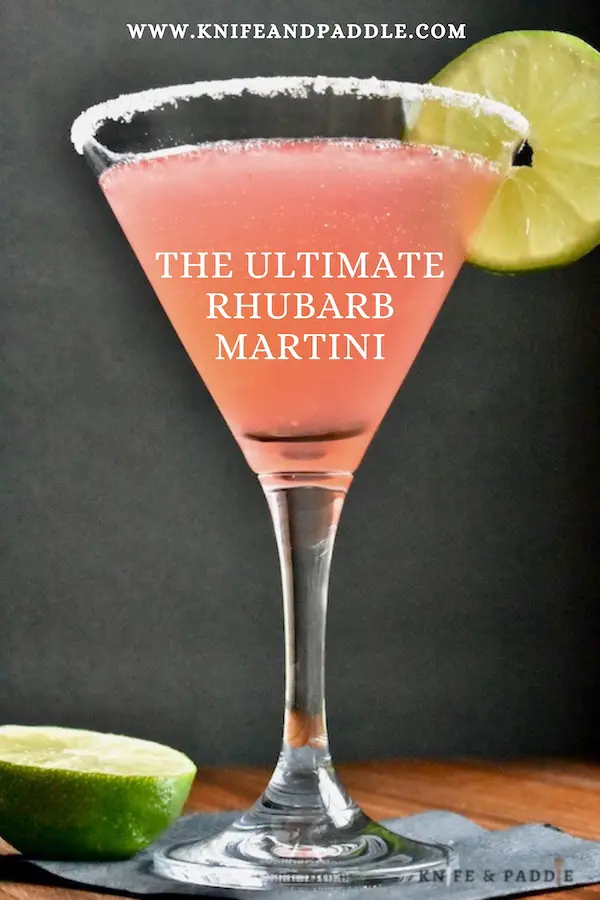 Rhubarb Martini in a sugar rimmed glass garnished with a lime wheel