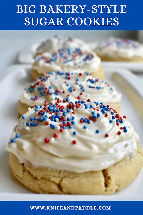 Big Bakery-Style Sugar Cookies with vanilla frosting and red, white and blue sprinkles
