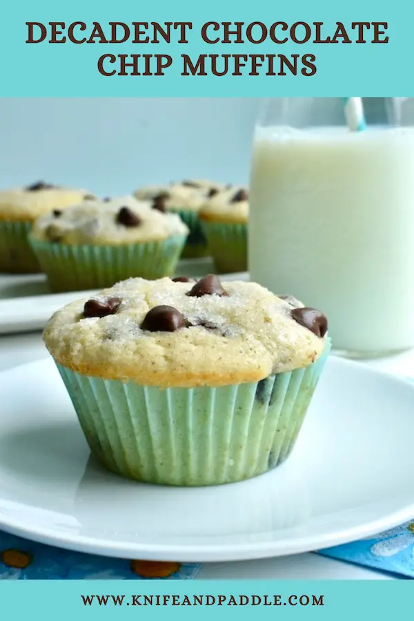 Decadent Chocolate Chip Muffins on a plate with milk in a mason jar