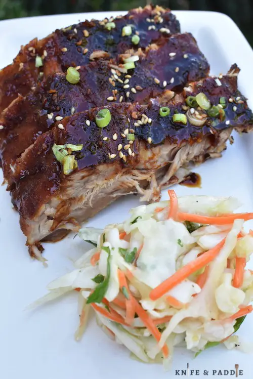 Oven baked pork main with a honey, soy, ginger glaze with a side of coleslaw 