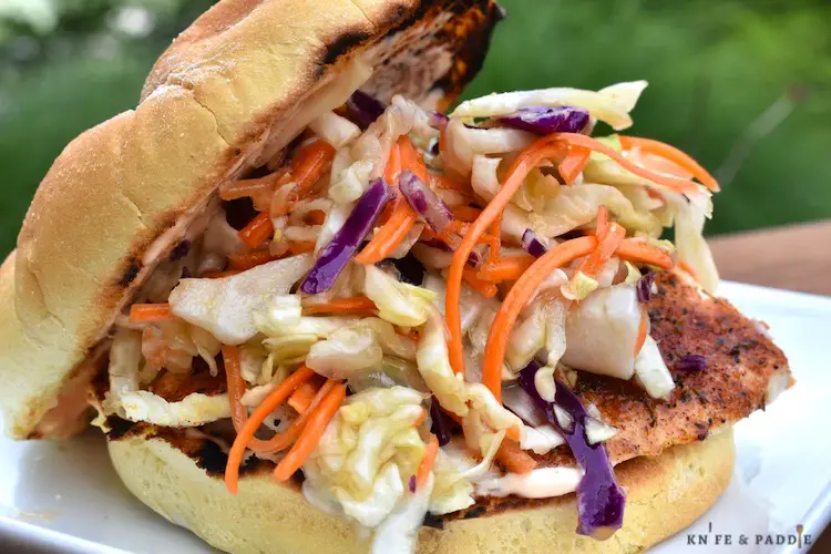 Health Fish Sandwich with Asian Slaw on a plate with spicy mayonnaise