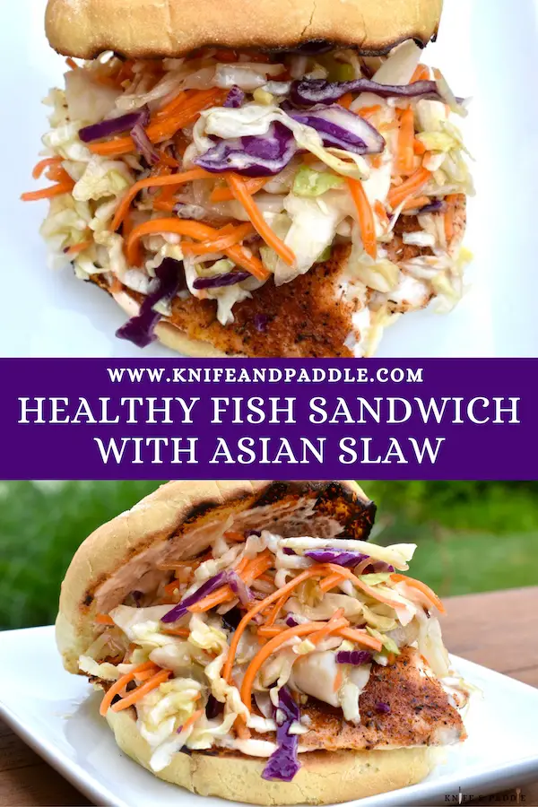 Health Fish Sandwich with Asian Slaw on a plate with spicy mayonnaise