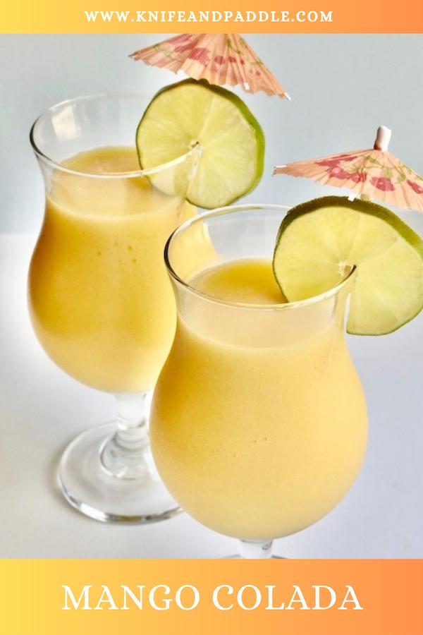 Mango juice, white rum, cream of coconut, lime juice, fresh mangoes, and ice blended until smooth and poured into a cocktail glass garnished with a lime wheel