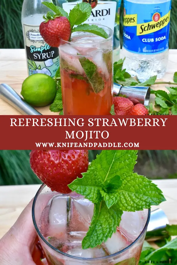 Simple syrup, Bacardi Rum, strawberries, club soda, lime juice, mint and ice combined in a highball glass garnished with a fresh mint sprig and strawberry