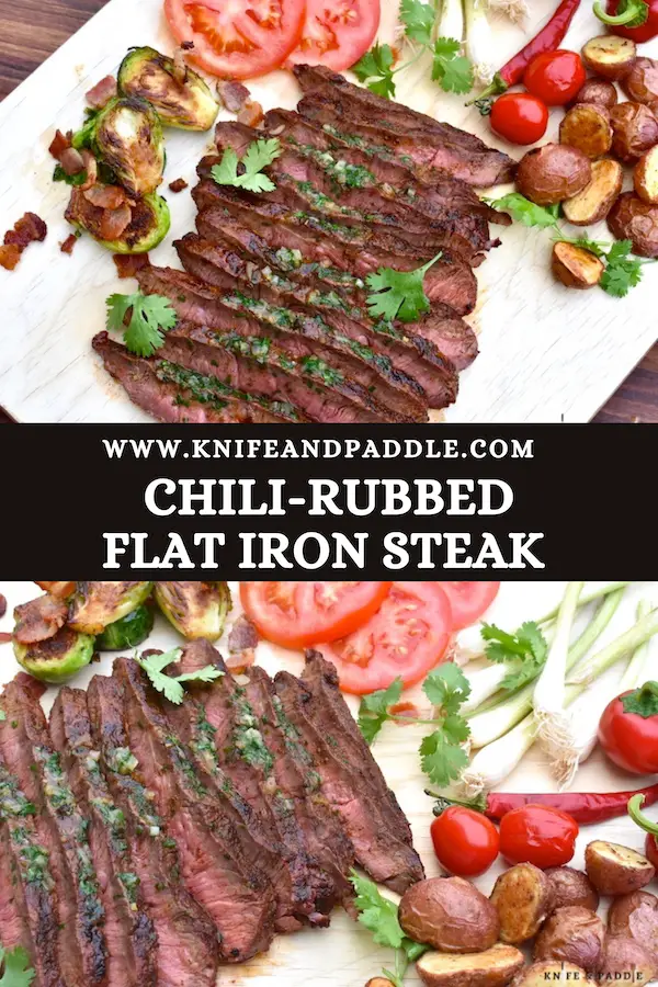 Chili-Rubbed Flat Iron Steak with Cilantro Compound Butter, Grilled Vegetables and peppers