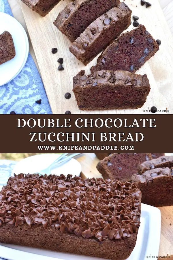 Decadent Double Chocolate Zucchini Bread frosted with chocolate frosting on sliced on a plate