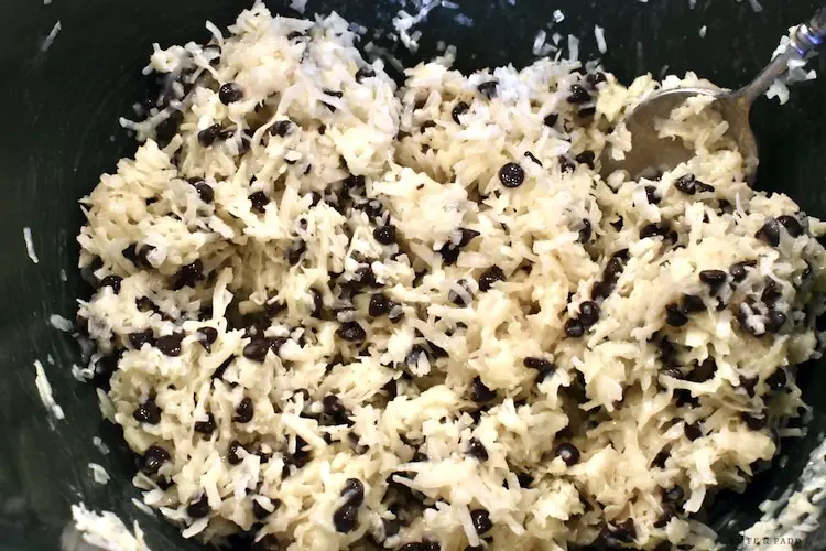 Sweetened condensed milk, shredded sweetened coconut, mini semi-sweet chocolate chips and vanilla extract mixed together in a mixing bowl
