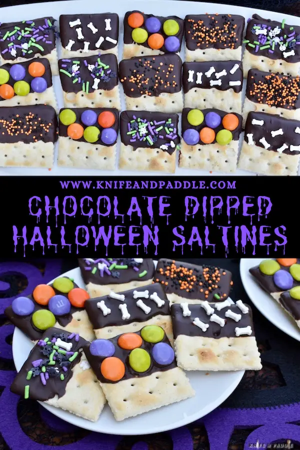 Chocolate Dipped Halloween Saltines on a plate with Halloween sprinkles and M&M's