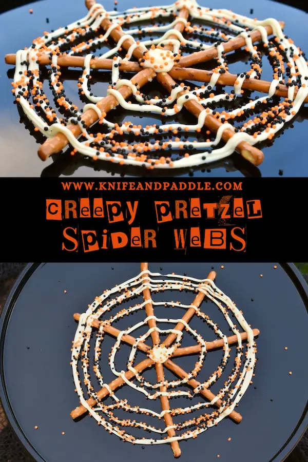 Creepy Pretzel Spider Webs with Halloween nonpareils