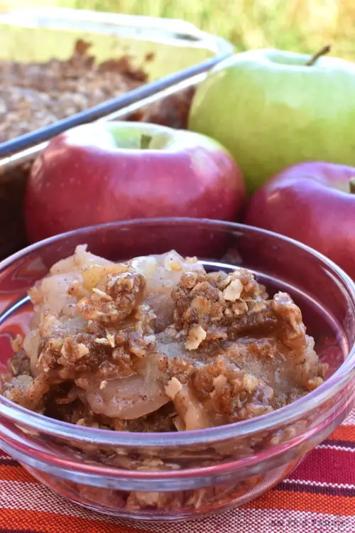 Delicious fall dessert with an oat and brown sugar topping baked to perfection