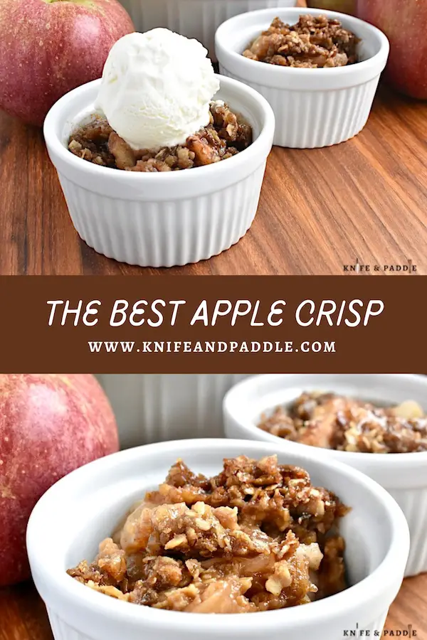 The Best Apple Crisp in a bowl topped with vanilla ice cream